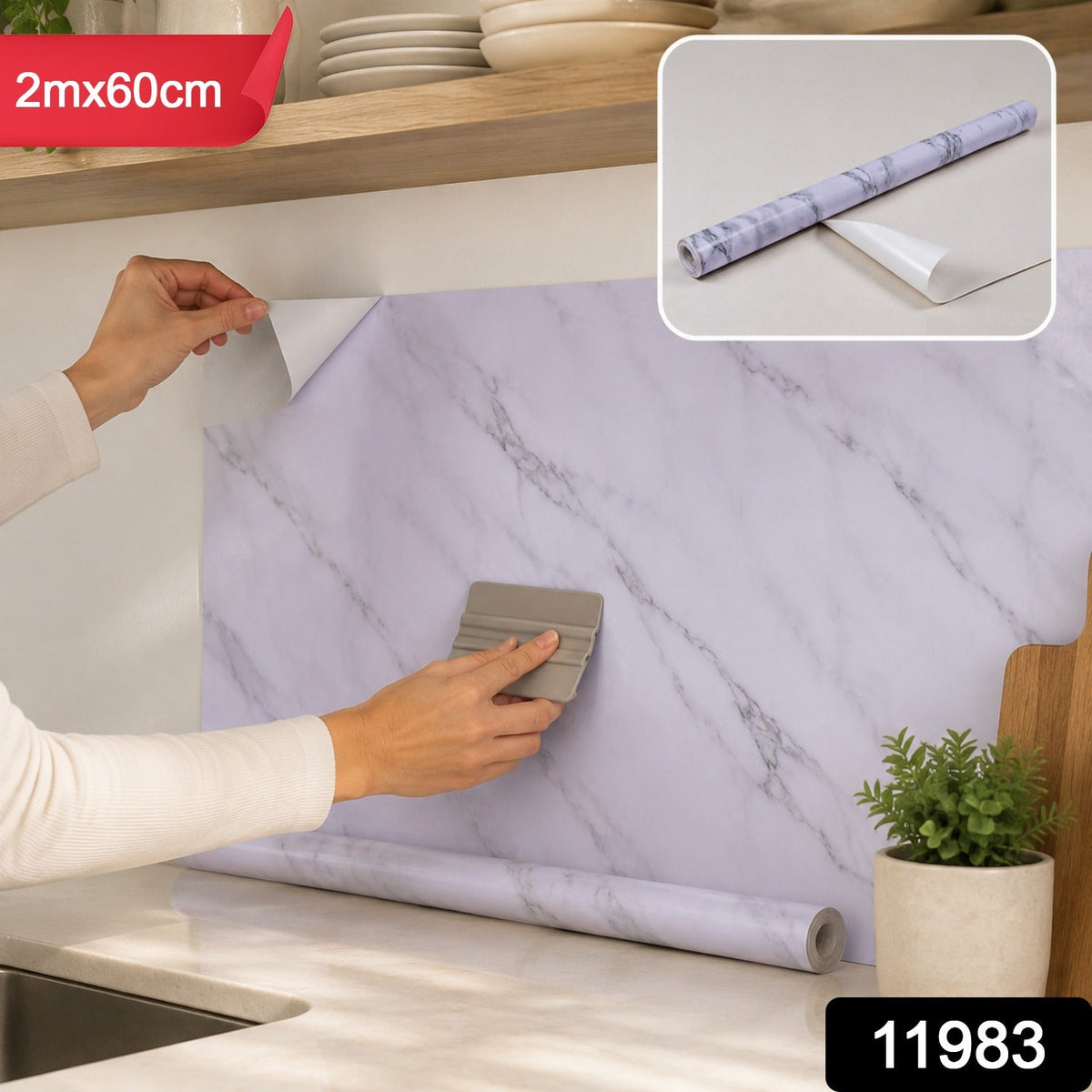 A person applies white and grey marble pattern self-adhesive wallpaper to a kitchen wall, with product dimensions.