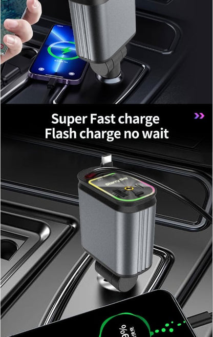 4 in 1 Super Fast  120W  Car Phone Charger | 180° Adjustable Type C & iPhone Car Adapter |Retractable Cable and 2 USB Ports