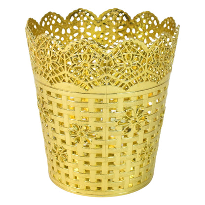 A gold plastic pen holder with a floral lace top rim and a woven basket-like body is shown on a white background.