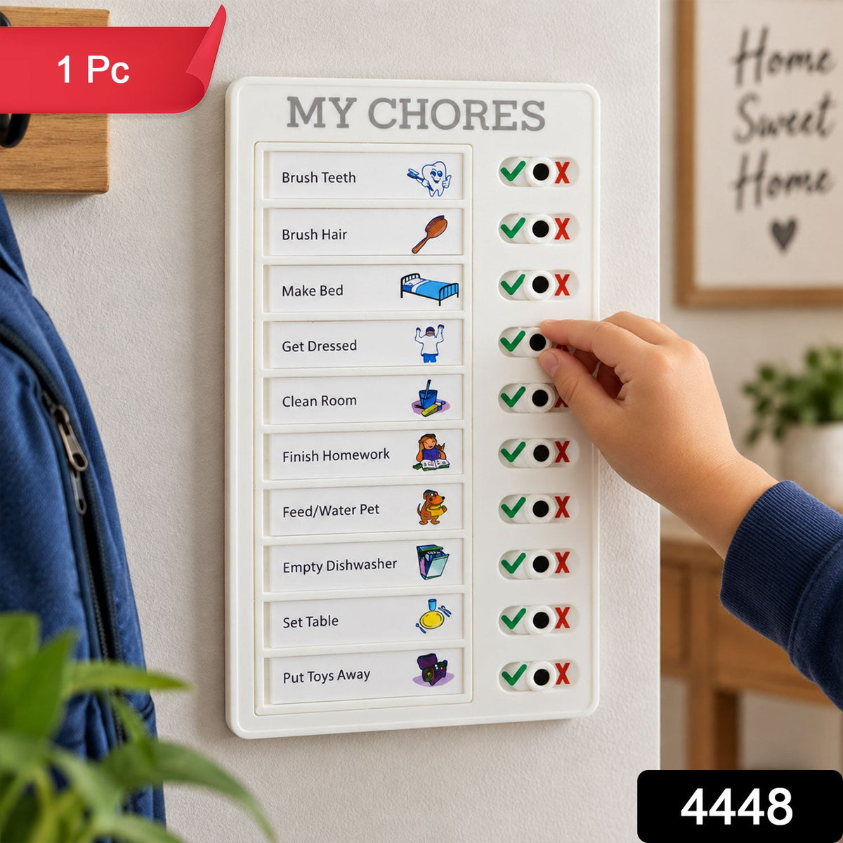 A white chore board with a child's hand marking a task, with a red "1 Pc" banner and "4448" label.