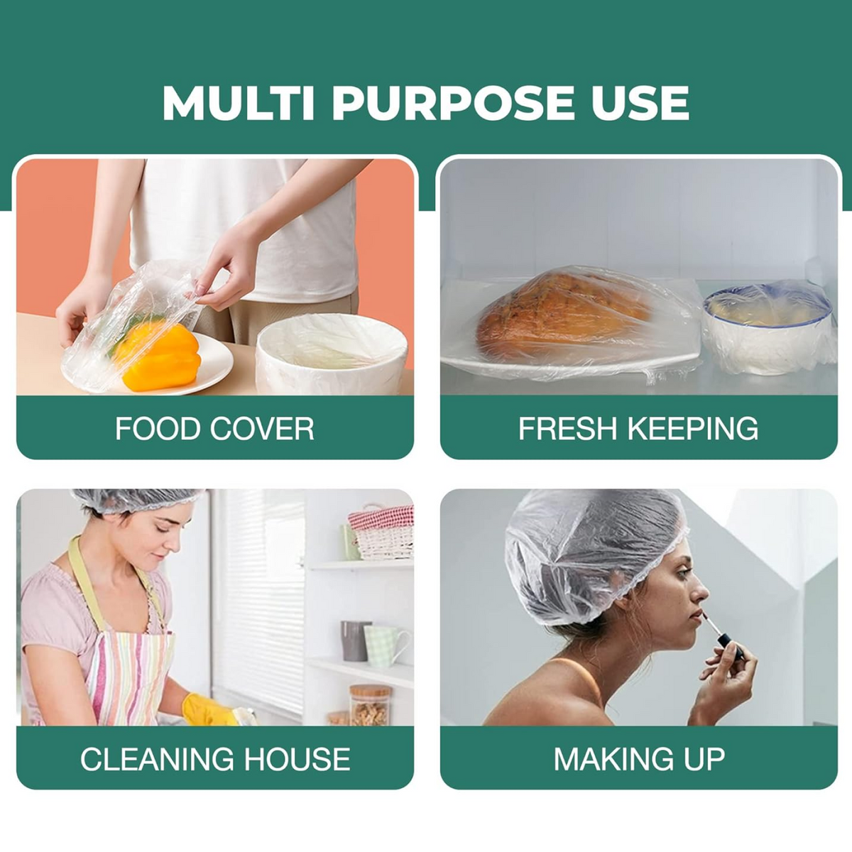 Four square images showing various uses: covering food, cleaning, and makeup application.