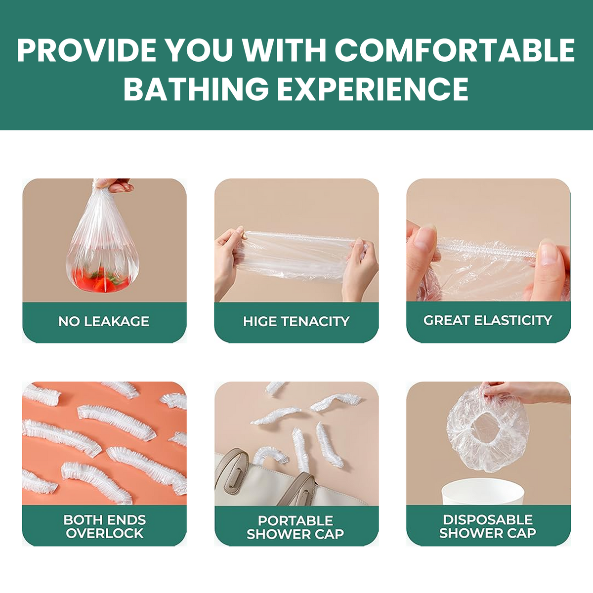 Six small images illustrating features like no leakage, high tenacity, elasticity, and portability.