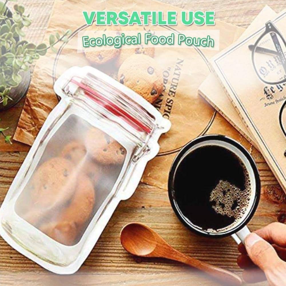 A red-lidded jar-shaped pouch filled with cookies, next to a cup of coffee and a wooden spoon.