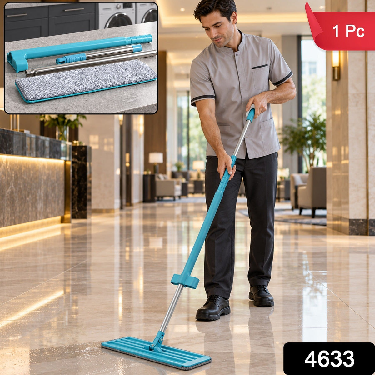 A man in a grey uniform mops a shiny tiled floor in a hotel lobby with a blue and silver mop, with a red "1 Pc" tag and