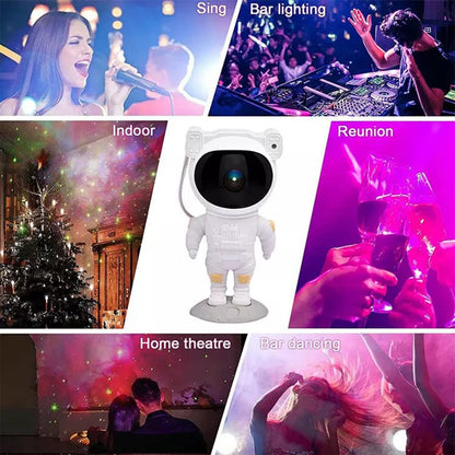 A collage shows the astronaut projector in the center, surrounded by various scenes of people enjoying projected lights.