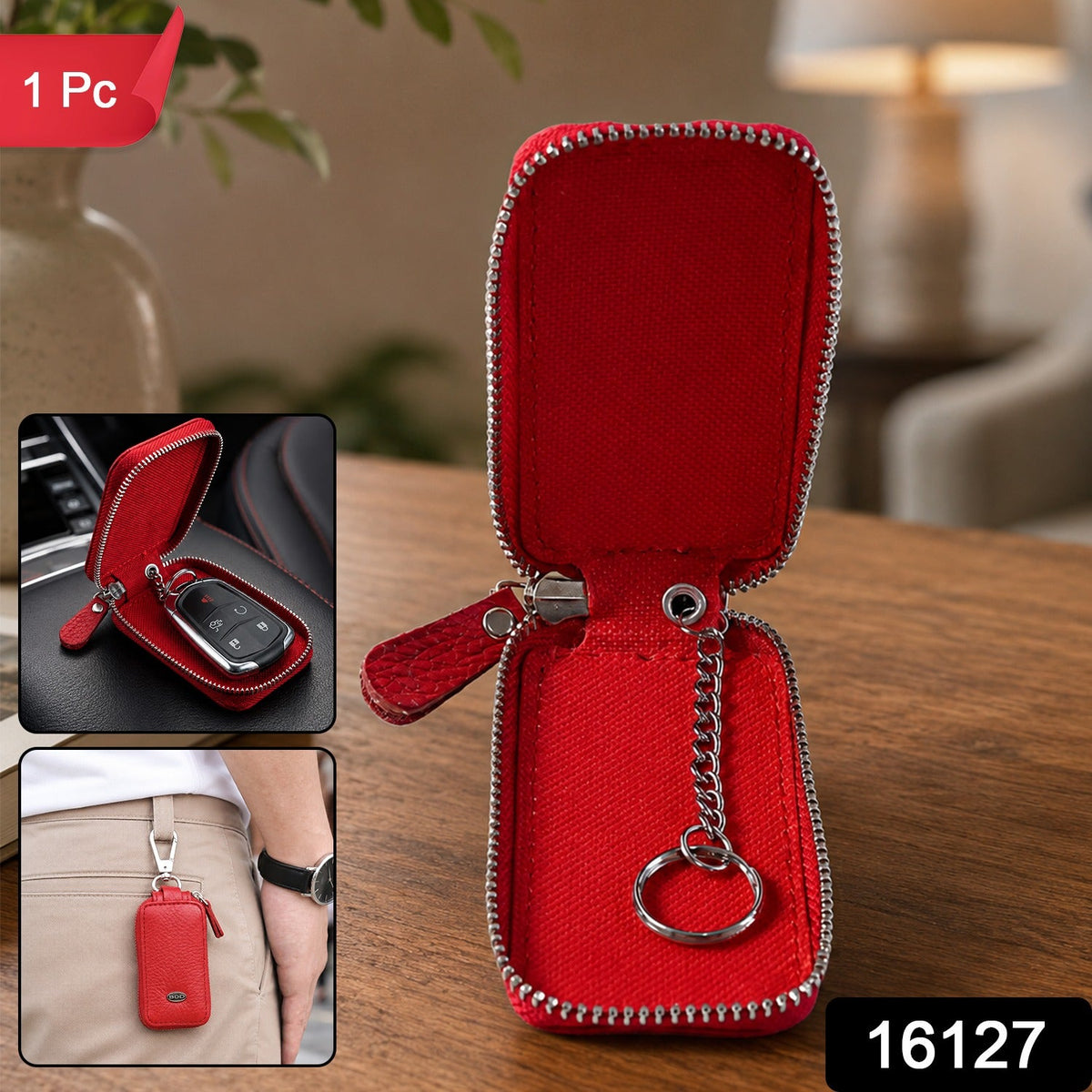 Red zippered leather car key case open, with a car key inside and another view of it clipped to pants, with '1 Pc' and