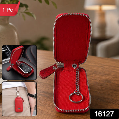Red zippered leather car key case open, with a car key inside and another view of it clipped to pants, with '1 Pc' and