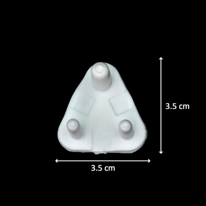 A single white plastic child safety socket cover with dimensions of 3.5 cm by 3.5 cm indicated by lines and text on a black