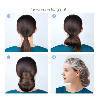 Four images demonstrating how to use a shower cap for long hair, from ponytail to bun.