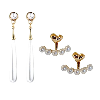 Combo Of Attractive and Stylish Water Drop Long Pearl Earrings Danglers and Gold Tone White Pearls Small Heart Ear Jacket Fashion Ear Stud Earrings For Women Girls Faux Pearl Love Heart Ear Studs
