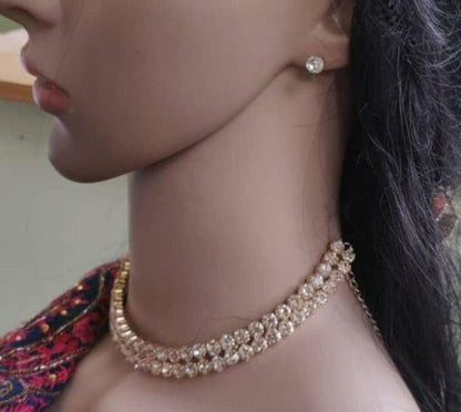 Sovely Rhinestone Crystal Choker Necklace Beautiful 2 Layered White Stone Choker Gold Plated Necklace With Earring For Women And Girls Jewellery Set, Classic Style Cubic Zirconia Studded