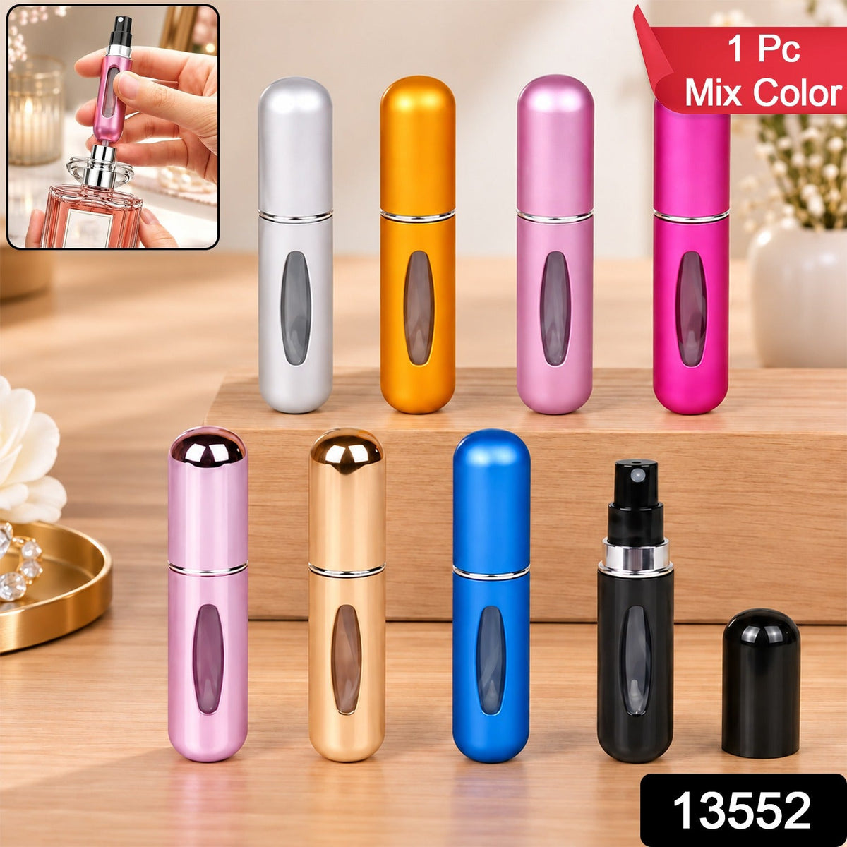 Eight metallic mini perfume spray bottles in different colors are displayed on a wooden surface, with a small inset showing