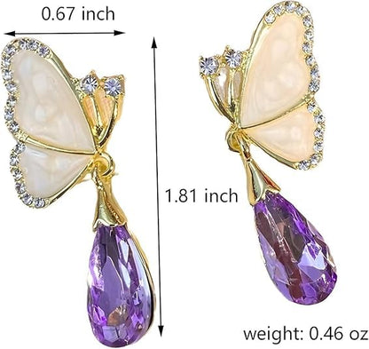 Combo Of Attractive and Stylish Water Drop Long Pearl Earrings Danglers and Butterfly Earrings Purple Crystal Rhinestone Drop Butterfly Stud Earrings for Girls Korean Earrings Pack of 2 Earrings Set