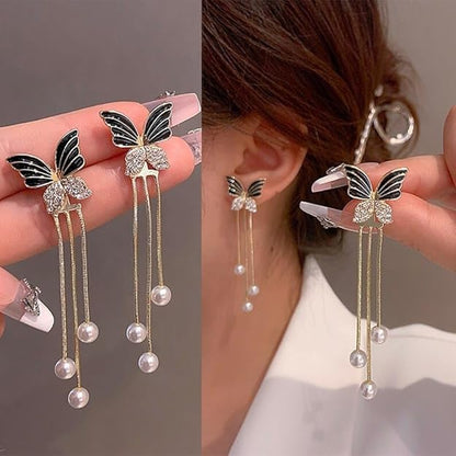 Combo Earrings Set Tassel Black Earrings Butterfly Earrings with Pearls love Rhinestone Drop Earrings Stud Jewelry Gift for Women Girls Pack of 2 for Office, Party, Casual