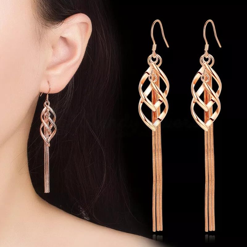 Combo Korean Minimalist Stud Hoop Earrings and Rose Gold Long Earrings Hanging 925 Drop Hypoallergenic Drop Dangle Chain Earrings Suitable for Office Wear, Fashion Earrings Black Bow Casual Party