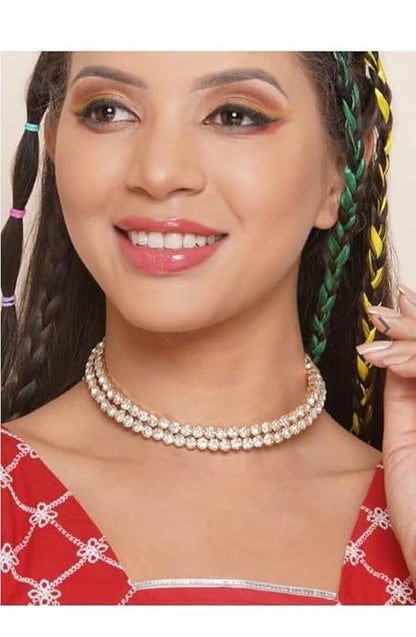 Sovely Rhinestone Crystal Choker Necklace Beautiful 2 Layered White Stone Choker Gold Plated Necklace With Earring For Women And Girls Jewellery Set, Classic Style Cubic Zirconia Studded
