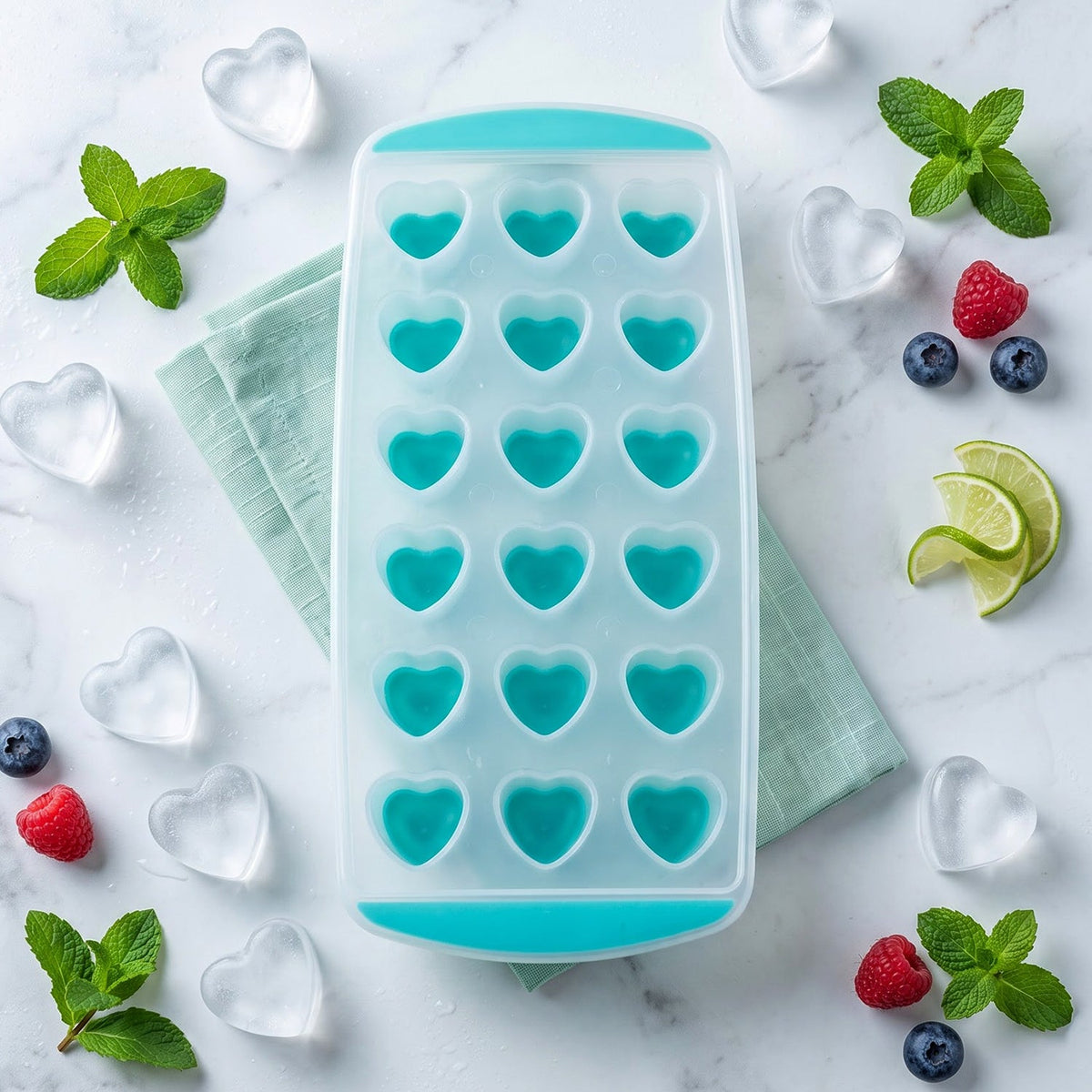 A clear and teal heart-shaped ice cube tray rests on a marble surface, surrounded by loose heart ice, mint leaves,