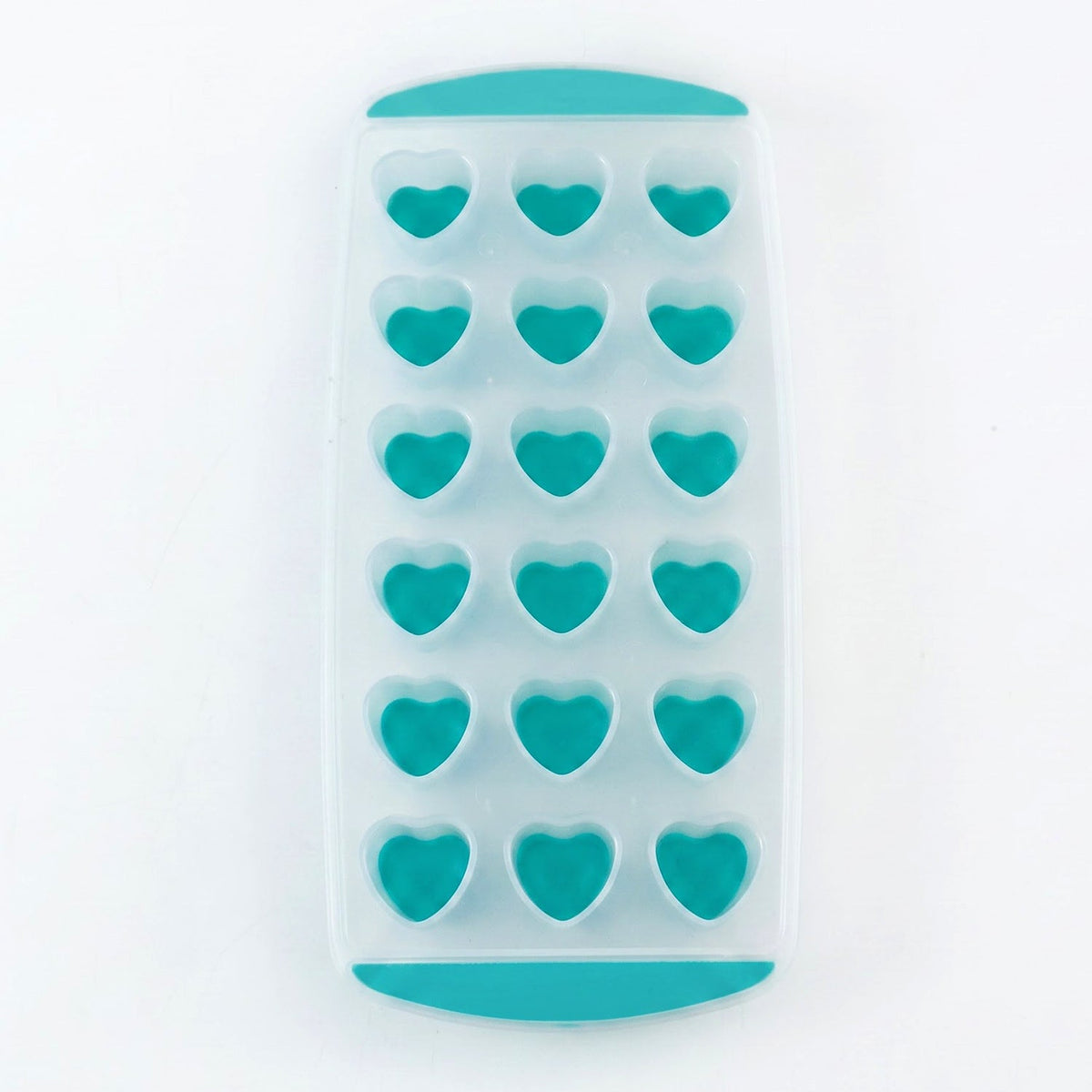 A clear and teal heart-shaped ice cube tray with 18 cavities is centered on a plain white background.