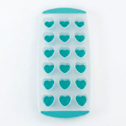 A clear and teal heart-shaped ice cube tray with 18 cavities is centered on a plain white background.