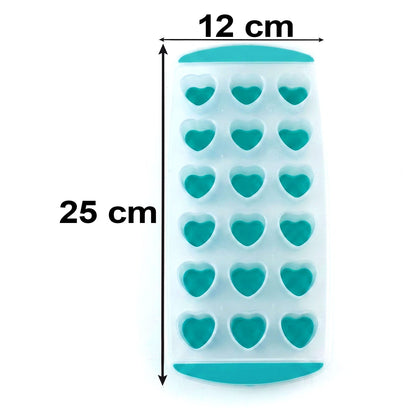 A clear and teal heart-shaped ice cube tray with 18 cavities is shown with dimensions: 25 cm length and 12 cm width.