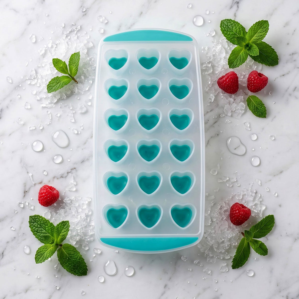 A clear and teal heart-shaped ice cube tray is centered on a marble surface with crushed ice, water droplets, mint, and