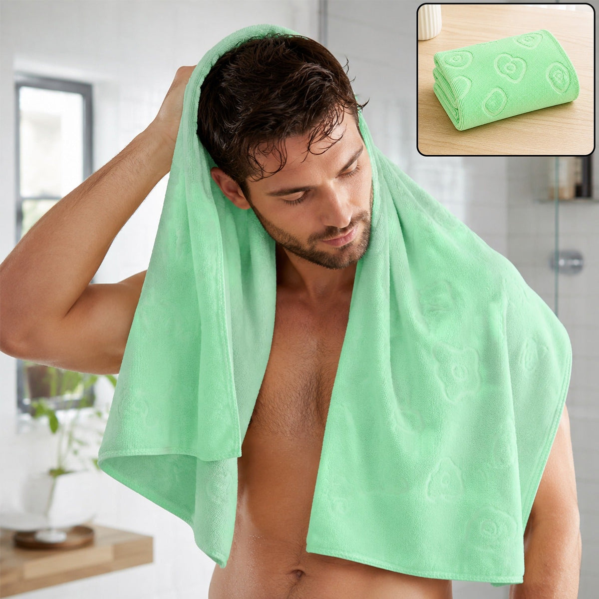 A man drying his hair with a light green microfiber towel in a bathroom, with a folded towel inset.