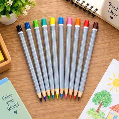 Ten gray hexagonal pencils with different colored tips and ends are fanned out on a wooden desk next to a drawing and a