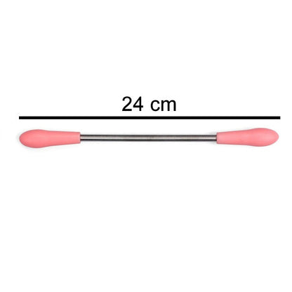 A pink and silver facial hair remover stick with a '24 cm' measurement line above it on a white background.