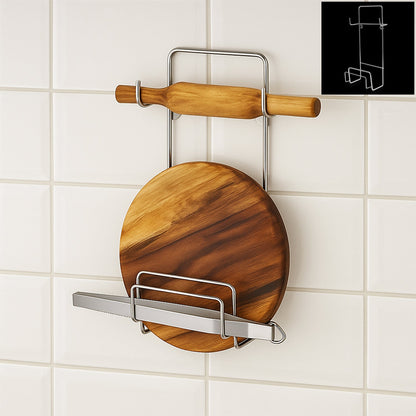 Chakla Belan Chimta Stand Rolling Pin Board Tong Holder Silver Stainless Steel Multi-Purpose Rack for Kitchen (1 Pc )