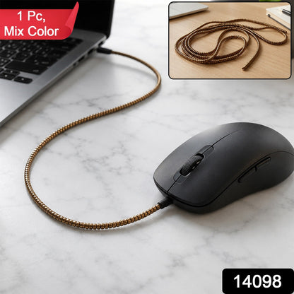 A black mouse connected to a laptop via a gold spiral cable protector, with a red "1 Pc, Mix Color" banner and a black