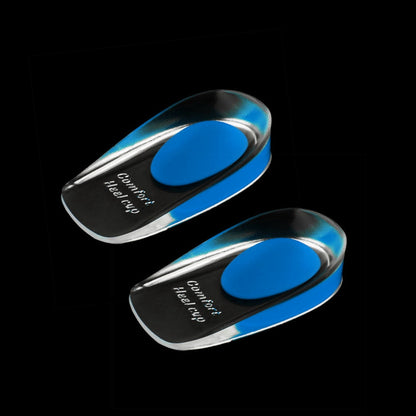 Two clear gel heel cups with blue centers are angled on a black background.