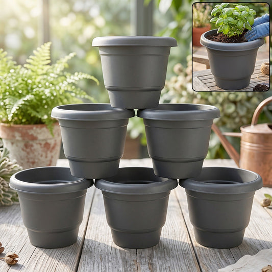 Six gray plastic flower pots stacked in two rows on a wooden table with plants in the background, and an inset of a plant