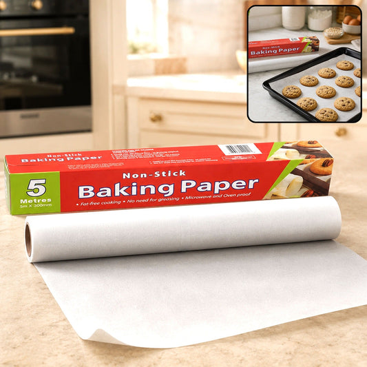 A roll of white non-stick baking paper with its red and green packaging box on a kitchen counter, with an inset showing