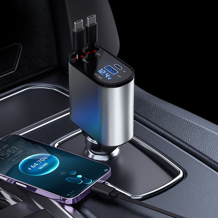 4 in 1 Super Fast  120W  Car Phone Charger | 180° Adjustable Type C & iPhone Car Adapter |Retractable Cable and 2 USB Ports