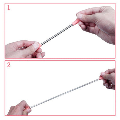 Two steps showing hands holding the pink and silver facial hair remover stick, first straight, then bent into a spring.