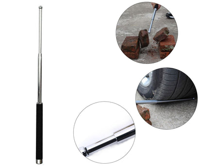 A silver metal baton with a black foam grip stands upright, with three circular insets demonstrating its durability.