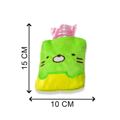 A green and yellow kitty hot water bag with a pink top is shown with dimensions of 15 cm by 10 cm.