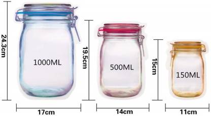 Three jar-shaped pouches with dimensions and capacities: 1000ml, 500ml, and 150ml.