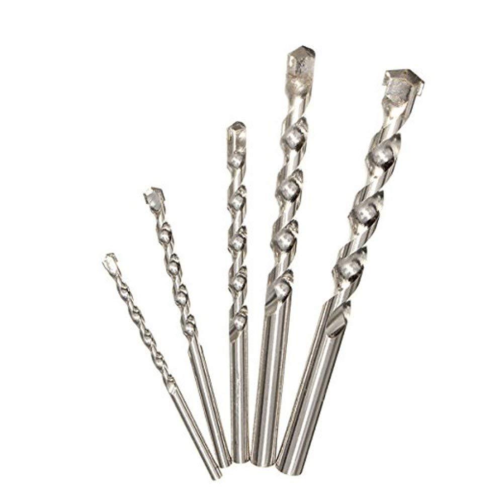Five silver masonry drill bits with hexagonal tips are arranged vertically on a white background.