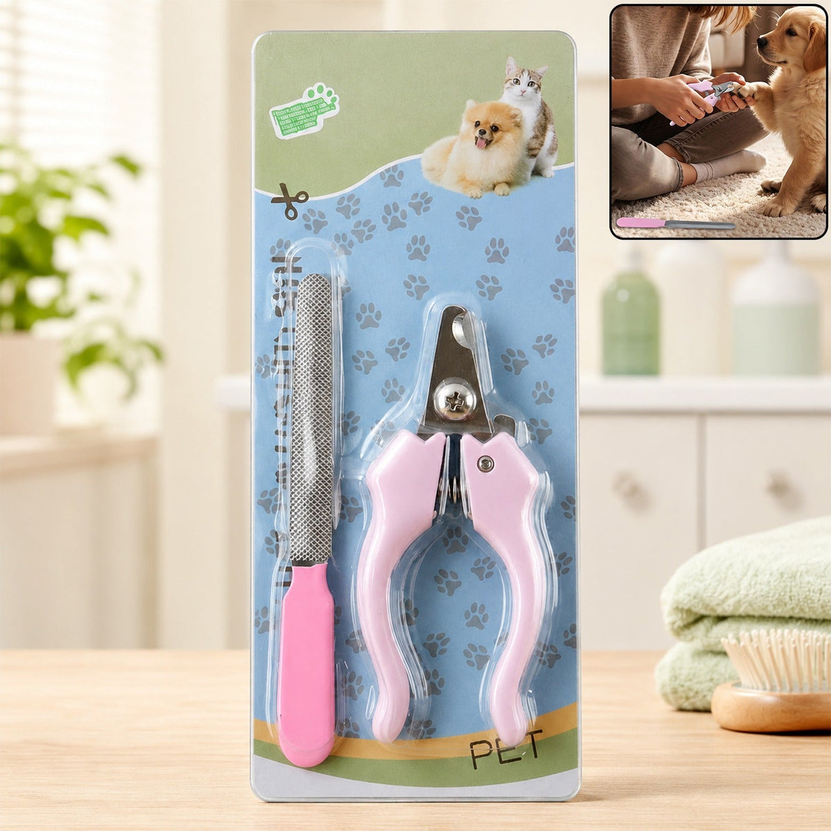 Pink pet nail clipper and filer set in blister packaging with small image of dog grooming.