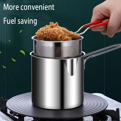 Small Deep Frying Pot with Strainer Basket - 1200ml Stainless Steel Pan with Handle Ideal for Frying French Fries, Chicken Wings, Shrimp, Fish, Boiling Butter, and Pasta