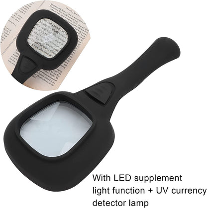 Black handheld magnifying glass with a square lens, on a white surface. Inset shows the magnifier over an open book.