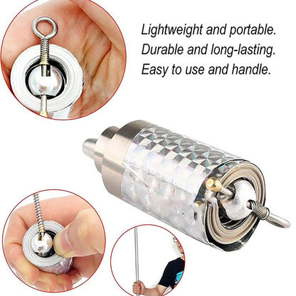 Detailed view of the silver collapsible cane mechanism, showing how it expands and contracts.