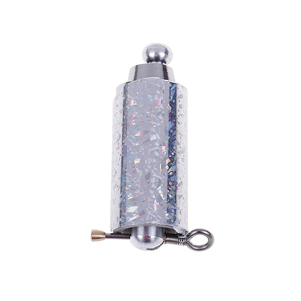 Close-up of the compact silver collapsible cane, featuring a textured surface and a release mechanism.