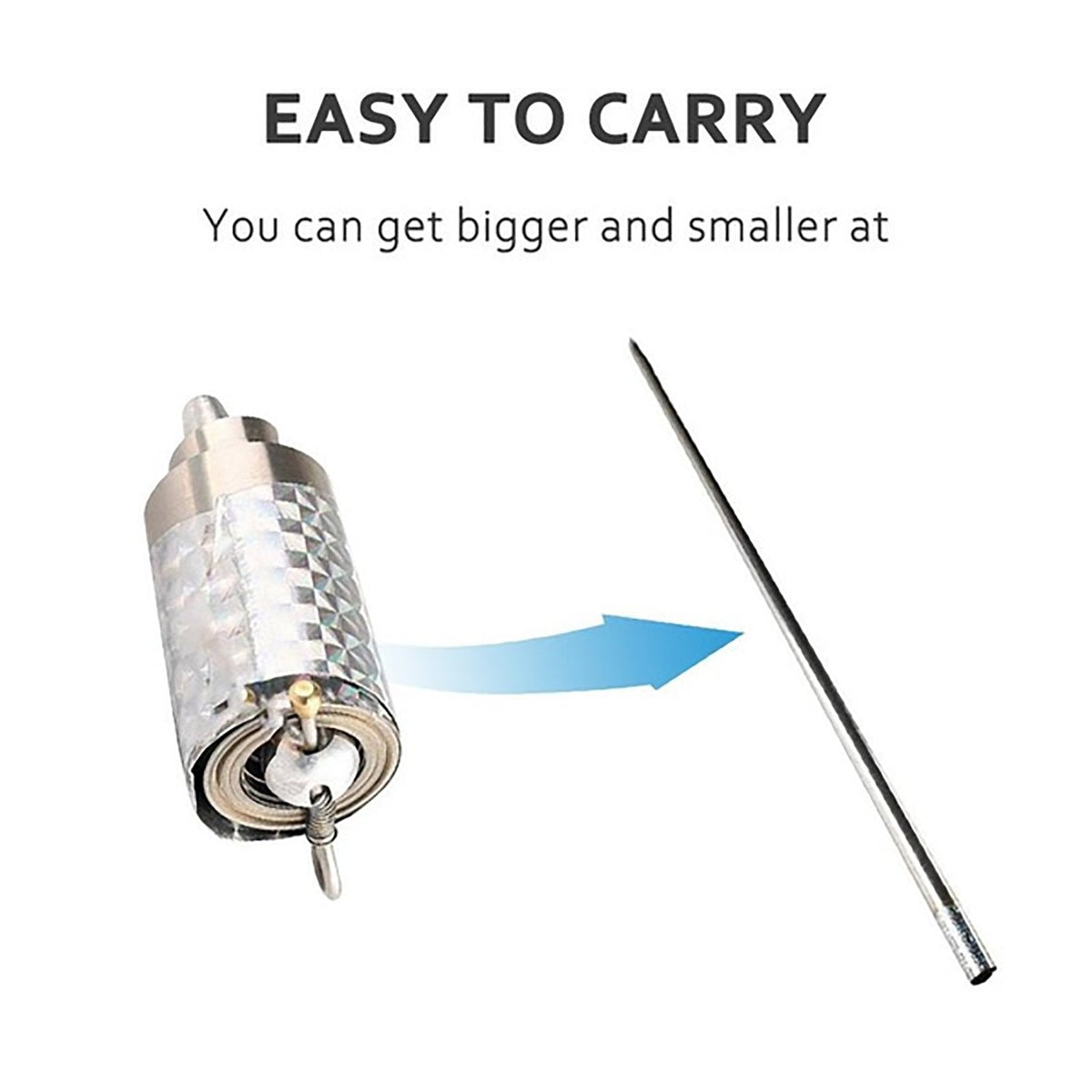 A silver collapsible cane transforming from its compact form into a long, thin metal rod.