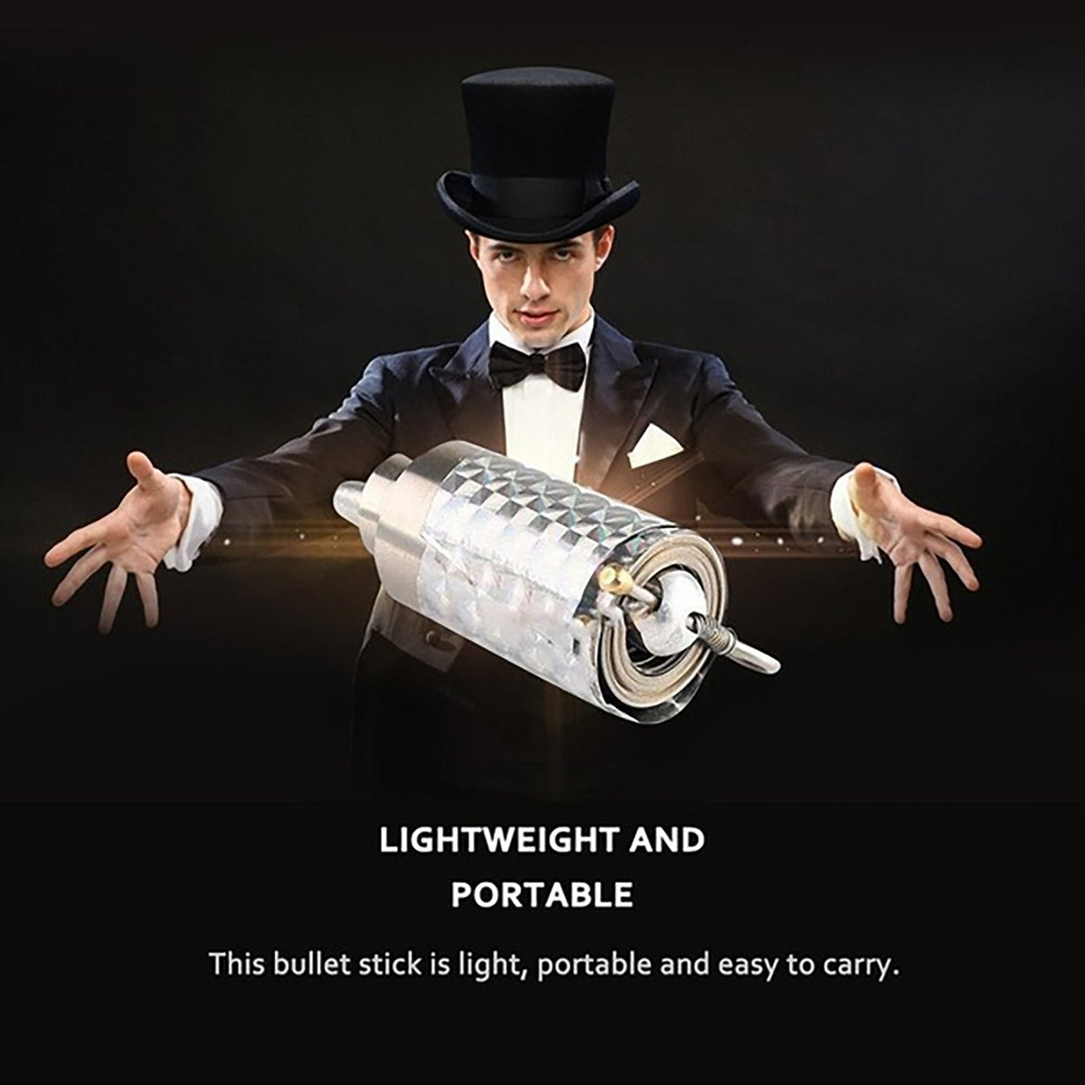 A magician in a top hat and tuxedo gestures towards a floating silver collapsible cane in its compact state.