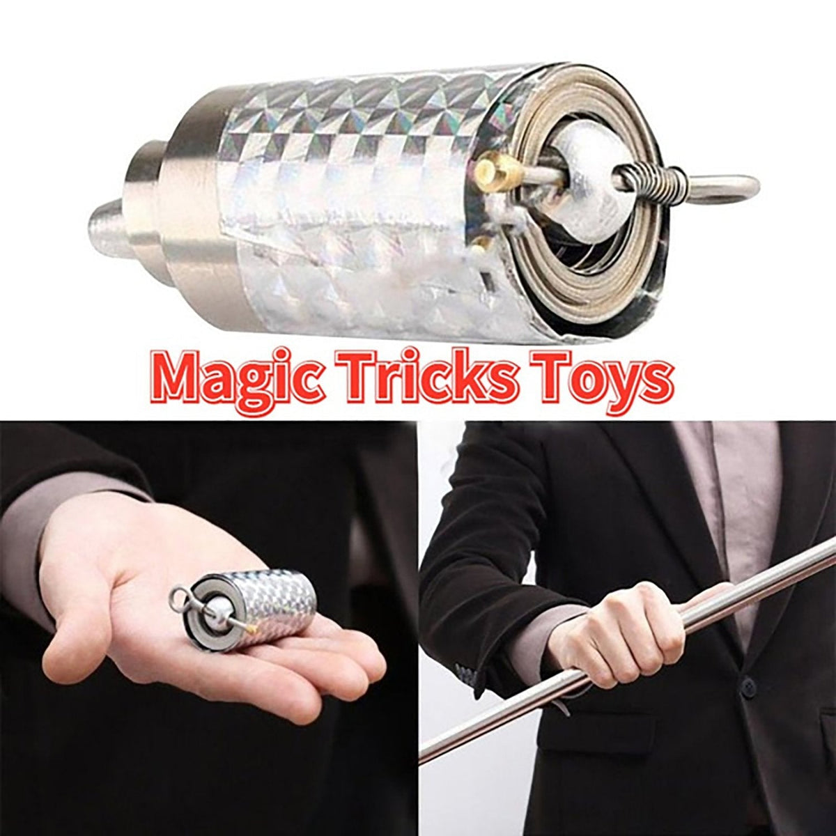 Three images showing the compact cane, a hand holding it, and a person holding the extended cane.