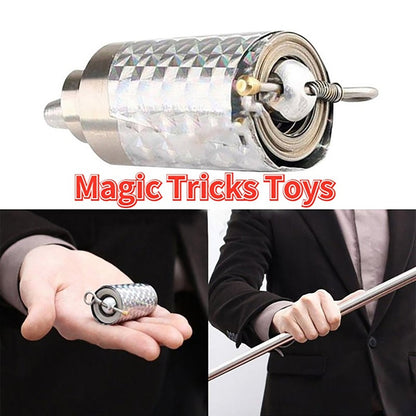 Three images showing the compact cane, a hand holding it, and a person holding the extended cane.