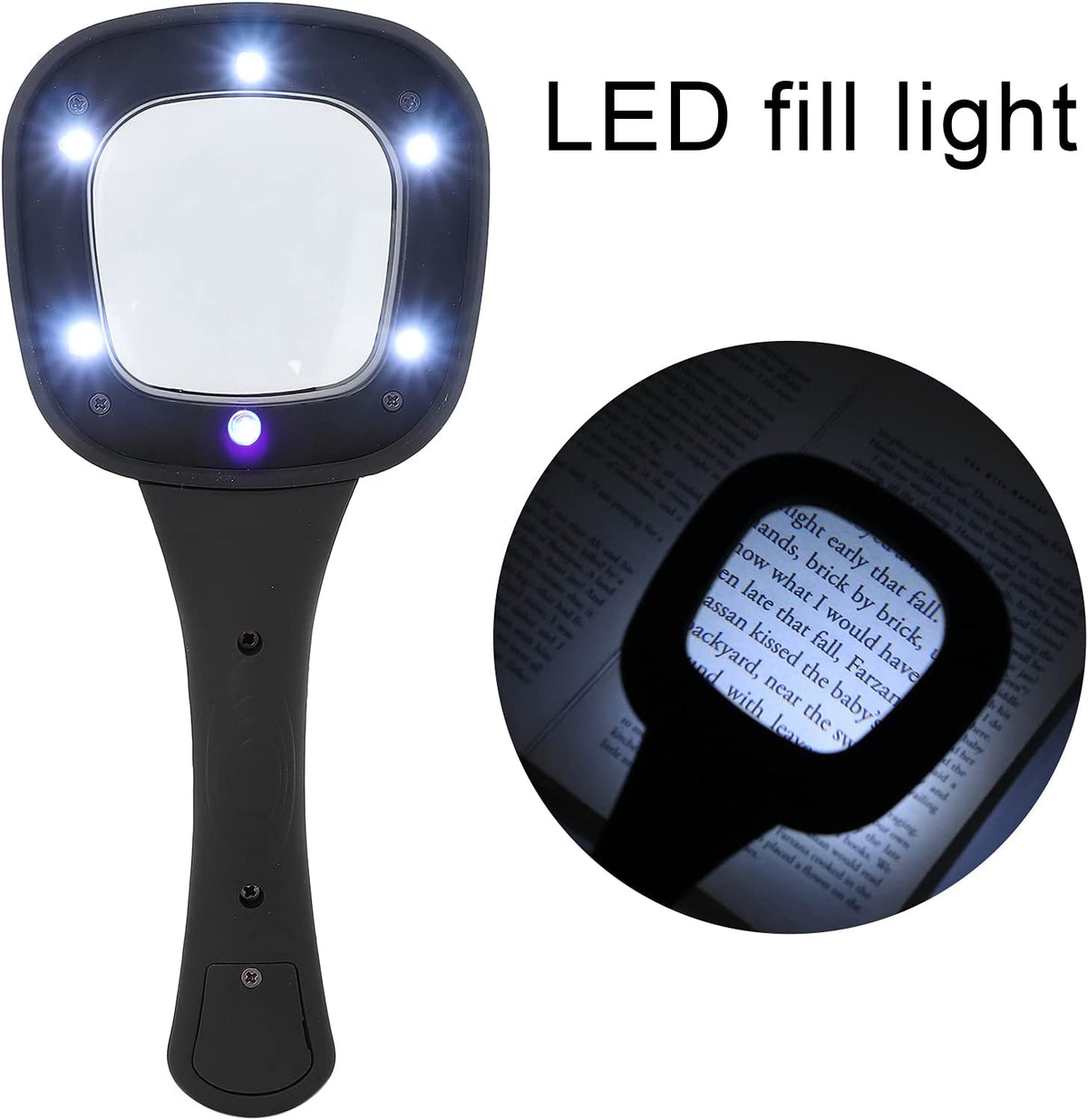 Black handheld magnifying glass with six bright LED lights and a purple UV light. Inset shows magnified text on a book.