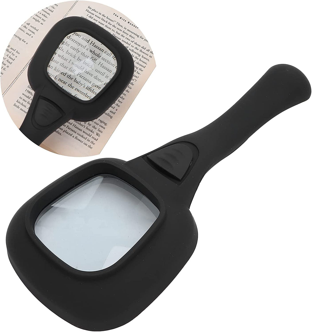 Black handheld magnifying glass with a square lens, lying on a white surface. Inset shows the magnifier over an open book.